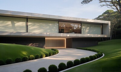 Modern Home Exterior with Landscaped Driveway and Greenery