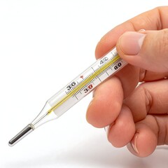 Close-up of a hand holding a glass thermometer against a white background