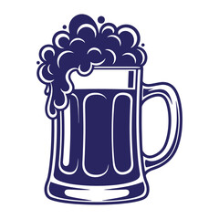 Stylized blue beer mug illustration with overflowing foam for oktoberfest and brewery designs