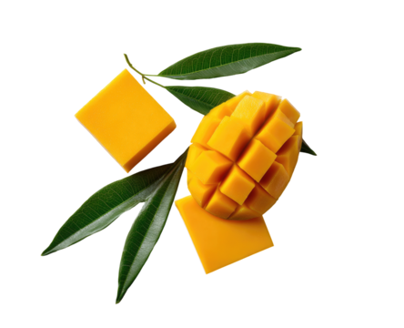 Mango cubes and leaves, vibrant yellow, geometric