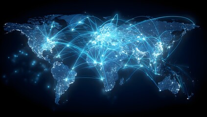 Global network of interconnected lights illuminating continents and oceans on a dark background representing digital communication and worldwide connectivity