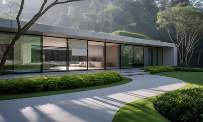 Modern House Exterior with Pathway and Lush Green Landscape