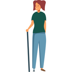 Cartoon Woman With Red Hair And Green Shirt Wearing Blue Pants Holding A Cane While Standing Isolated On A White Background