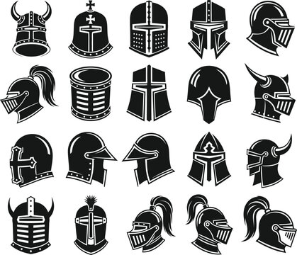 Collection of knight helmets vector illustration