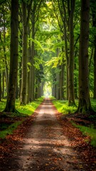 Fototapeta premium Woodland path lined by trees, leading to a bright sunlit clearing