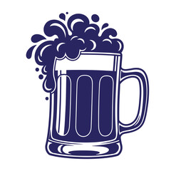 Stylized vector illustration of a dark blue beer mug overflowing with frothy brew