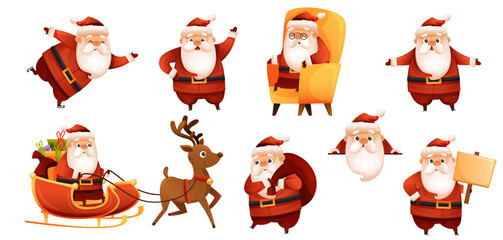 Set of cute Santa with deer for Christmas and new year in cartoon style isolated on white. With gifts, poster, Christmas tree, bag. For posters, cards, congratulations, packaging