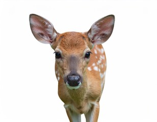 Detailed Close-up Portrait of a Juvenile White-Tailed Deer Isolated on White