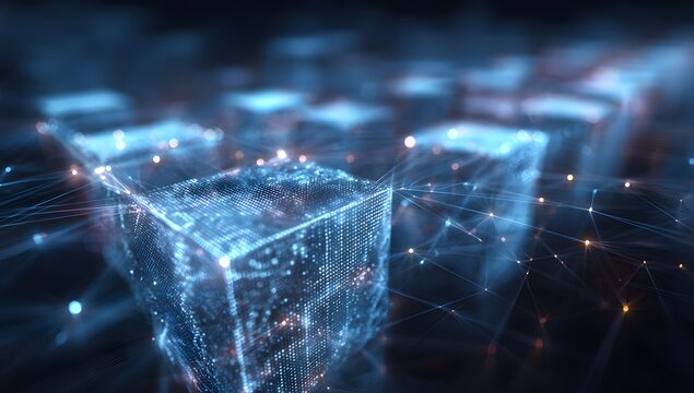 Futuristic cityscape with glowing blue architectural structures and intricate digital network connections illuminating the urban night sky