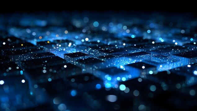 Abstract glowing blue digital circuit board with intricate pathways and luminous nodes representing advanced technology and data flow