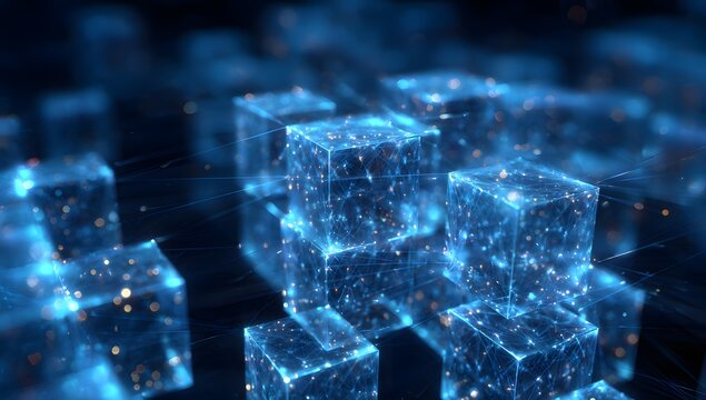Abstract glowing blue cubes with sparkling particles creating a futuristic digital network or data visualization concept with depth of field effect