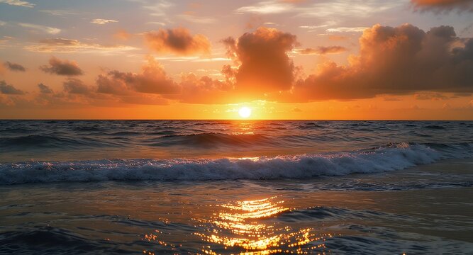 Ocean Wave at Sunrise with Cloudscape and Golden Light Reflection