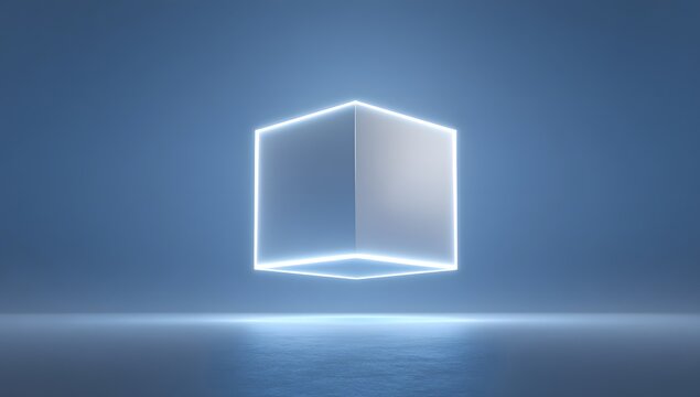 Illuminated geometric prism shape glowing with cool blue light against a textured background creating a sense of futuristic technology and abstract design