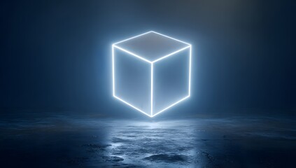 Illuminated abstract geometric cube shape glowing with bright blue neon light on a dark reflective surface with atmospheric mist and bokeh effects