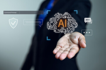 Businessman presents a secure AI solution. The interface shows a neural network brain, command prompt, and chat functions, symbolizing intelligent, controllable, and trusted technology.