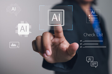 Businesswoman uses an AI-powered virtual assistant for productivity. The interface shows tools for checklists, content creation, and automation, symbolizing modern business technology.