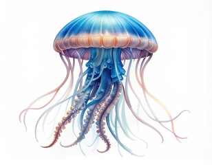 Detailed Watercolor Jellyfish Illustration with Flowing Tentacles Aquatic Creature Art