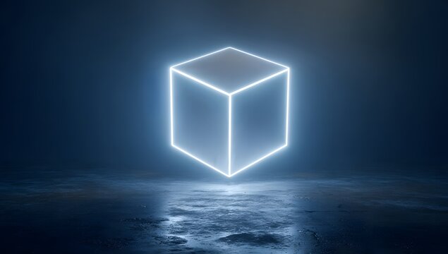Illuminated abstract geometric cube shape glowing with bright blue neon light on a dark reflective surface with atmospheric mist and bokeh effects - Powered by Adobe