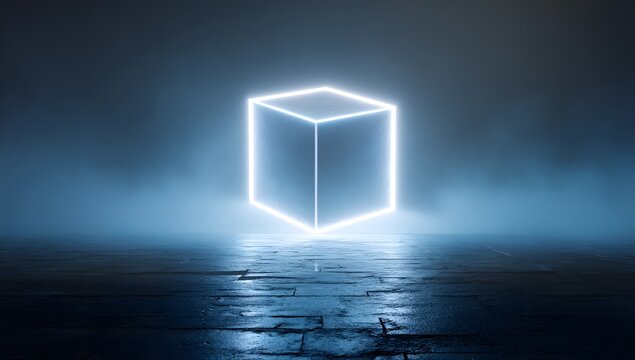 Illuminated geometric cube shape glowing with bright blue light on a wet reflective surface in a dark atmospheric environment with subtle fog effects creating a mysterious and futuristic ambiance