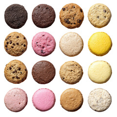 Assorted cookies and macarons arranged in a grid