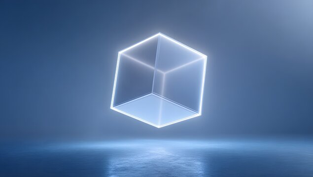 Abstract glowing geometric cube shape illuminated with cool blue light floating in a dark reflective futuristic digital environment with subtle grid patterns