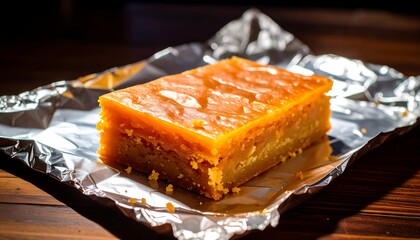 Close-up of a layered, glazed dessert on aluminum foil, wooden table