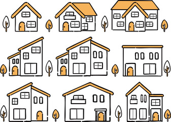 いろんな家のイラストセット　ベクター（オレンジ）
