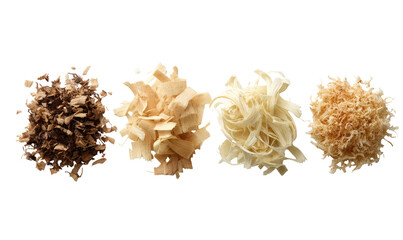 Four clusters of dried, textured food, ranging in light tan to dark brown