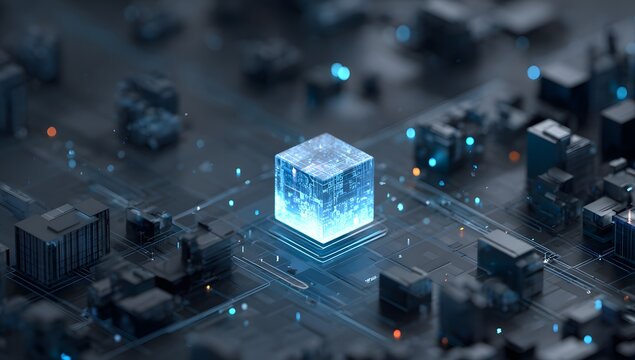 Futuristic digital cityscape with glowing blue data cube at the center representing advanced technology and artificial intelligence innovation