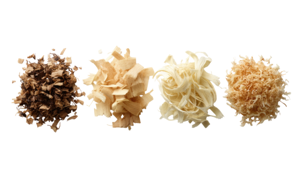 Four clusters of dried, textured food, ranging in light tan to dark brown
