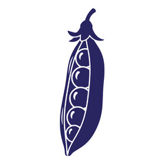 Vector illustration of a simple dark blue open pea pod with peas isolated on white