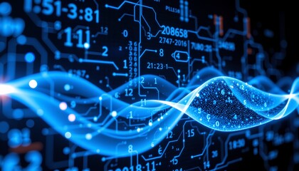 pulsating blue frequency waves resembling high energy data transmission.