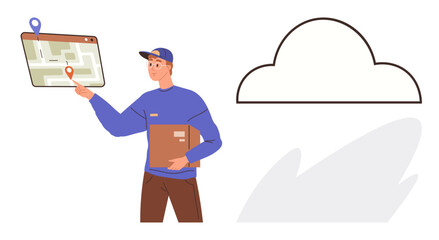 Delivery driver interacting with a digital map interface while carrying a package. Ideal for logistics, delivery, cloud technology, e-commerce, navigation, modern business, digital tools. Simple flat