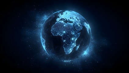 Obraz premium Illuminated planet earth glowing with blue energy and cosmic dust swirling around its surface in the vastness of space