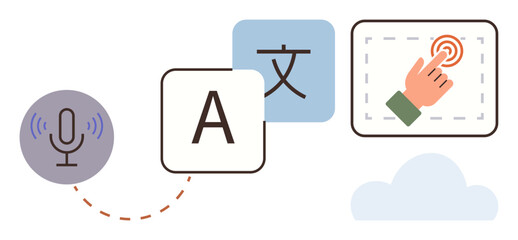 Microphone, letters, translation icon, touchscreen interaction, and cloud. Ideal for language learning, translation, accessibility technology communication education and app development. Simple