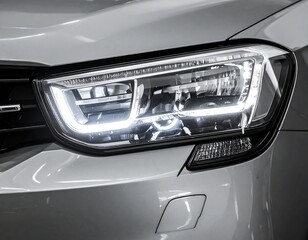 Close-up of a modern car's illuminated headlight, showcasing its design