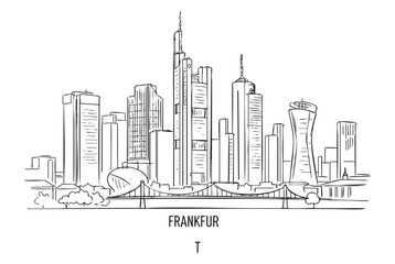 Fototapeta premium Hand-Drawn Sketch of Frankfurt Skyline with Modern Skyscrapers and River Bridge Outline Vector