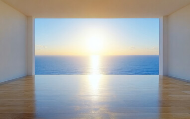 Bright sunset over the ocean viewed from a modern empty room with wooden flooring