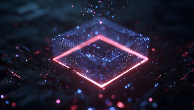 Abstract geometric glowing neon rhombus shape with shimmering particles and bokeh effects in a dark cosmic background
