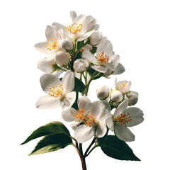 Close-up of a jasmine blossom cluster, white petals, subtle green leaves