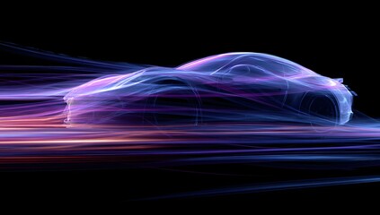 Futuristic electric sports car concept illuminated by vibrant neon light trails and streaks against a dark abstract background representing speed and innovation