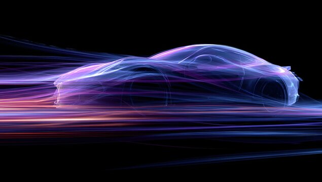 Futuristic electric sports car concept illuminated by vibrant neon light trails and streaks against a dark abstract background representing speed and innovation