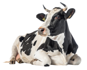 A black and white cow lying down with its legs tucked under it and a black background surrounding it on transparent background