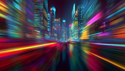 Vibrant streaks of neon light blur across a futuristic cityscape at night creating a sense of dynamic motion and urban energy