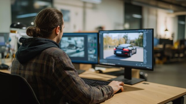 Young man editing car image on computer