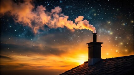 Serene Sunset Silhouette Chimney Smoke Against a Starry Night Sky