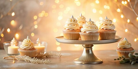 Delicious vanilla cupcakes with delicate frosting, adorned with elegant silver accents, displayed on a gold cake stand, illuminated by warm, festive lights, creating a charming celebratory ambiance