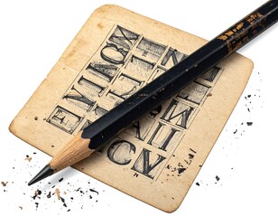 Close-up of a pencil resting on a worn, printed paper with letters