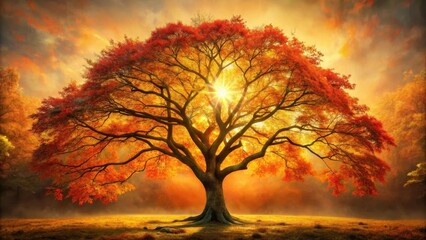 Majestic Autumn Tree Basking in Golden Sunlight, a Serene and Picturesque Landscape Featuring Vibrant Fall Foliage and a Mystical Atmosphere
