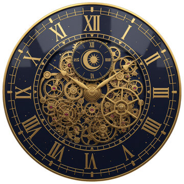 Intricate Clockwork Mechanism Displaying Golden Gears and Celestial Motifs Against Elegant Blue Face
